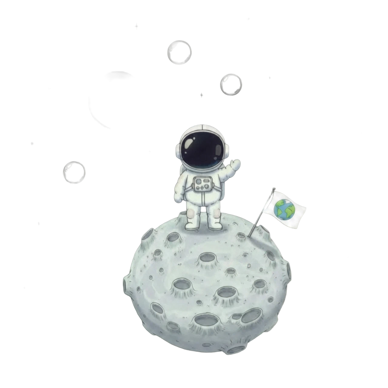 An astronaut on a tiny planet waving back.