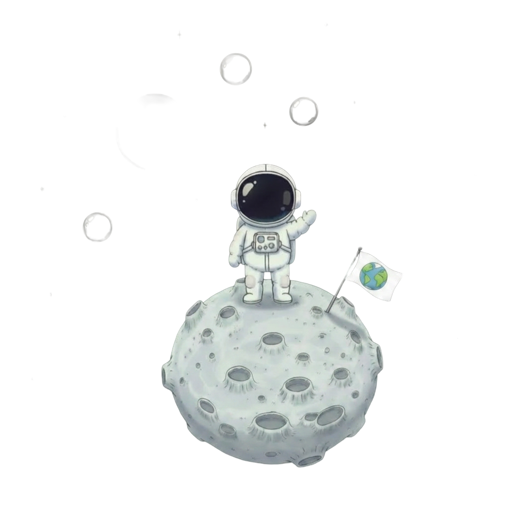 An astronaut on a tiny planet waving back.